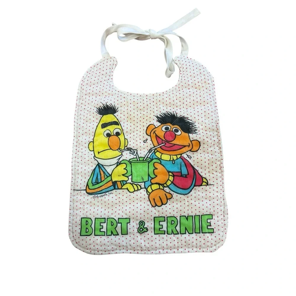 Vtg Muppets Baby Bibs Set Of 2 Bert Ernie Big Bird Sesame Street Cotton Neck Tie